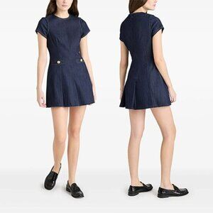 NEW Cinq A Sept Denim Nova Fringe Hemline Short Sleeve Mini Dress Indigo Size:10